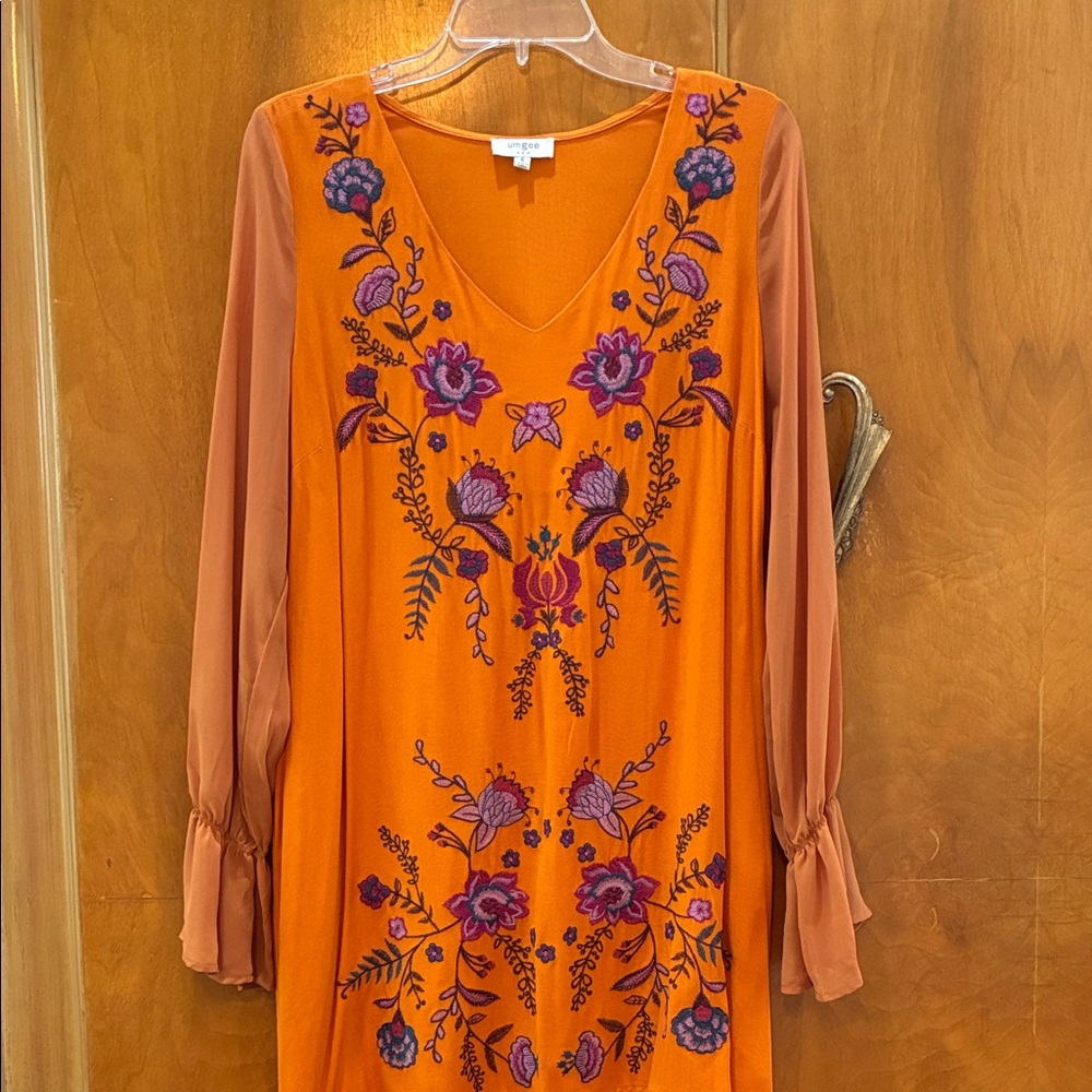 *4.99 shipping* Umgee Orange Dress with Purple Floral Embroidery